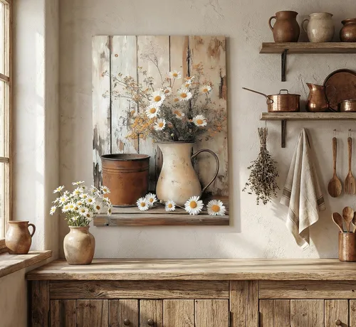 Miniatura 7 de KYSNGMT - Lienzo decorativo para pared, diseño de margaritas rústicas Vintage White Flower in Pitcher Picture Framed Artwork Ready to Hang for