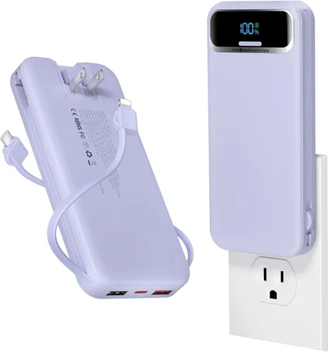 Miniatura 21 de Cargador portátil ligero de 12000 mAh con cables integrados y enchufe de pared de CA, batería de carga rápida PD20W USB-C, pantalla LED, cargador