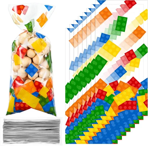 100 bolsas de celofán con bloques de construcción, suministros para fiesta de cumpleaños, bolsas de dulces con 100 lazos plateados para recuerdos de