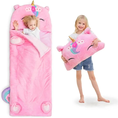 Miniatura 9 de iPlay, iLearn Saco de dormir para niños, saco de dormir Capybara de felpa, tapete para siesta para niña y niño, almohada de animal marrón 2 en 1