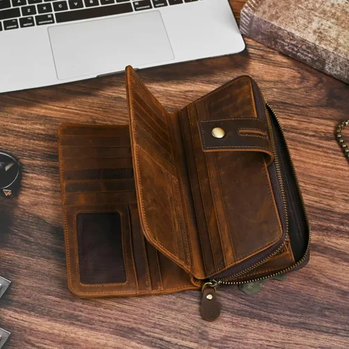 Miniatura 27 de Genuino Caballo Loco Cuero Regalo de Viaje Moneda Bolsillo Tarjetero Organizador Largo Cadena Rfid Cartera Monedero Con Broche Para Hombres Hombres