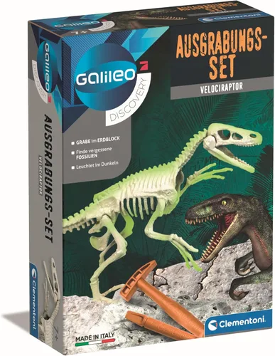 CLEMENTONI 59174 Galileo Science Excavation Kit Velociraptor Juguete para niños mayores de 7 años cavando fósiles de dinosaurios con martillo y