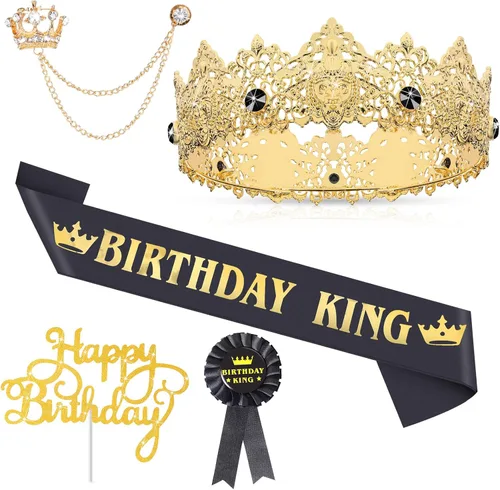Miniatura 8 de Junkin 5 accesorios de cumpleaños para hombre, incluyen corona de rey con banda de hojalata, broche de cadena colgante para fiesta de cumpleaños