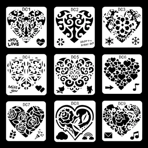 Rolin Roly 9 plantillas de pintura de corazón, plantillas con estampado de rosas de amor, plantillas de pintura de hojas reutilizables para dibujar
