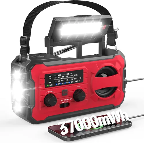 Miniatura 10 de NITIGO Radio meteorológica de emergencia de 37000 mWh, radio solar con manivela Hank con carga USB con NOAA/AM/FM, linterna, luz de lectura, alarma