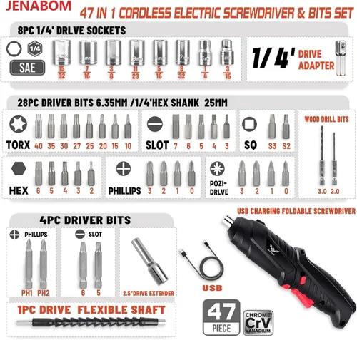 Miniatura 4 de JENABOM Destornillador eléctrico, 3.6 V inalámbrico, juego de 44 puntas de destornillador, luz LED delantera, eje flexible, micro USB, funda de Negro