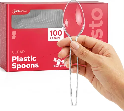 GUSTO [Paquete de 100] Cucharas de plástico transparentes desechables resistentes - Cubiertos de plástico, cubiertos básicos para fiestas, eventos y