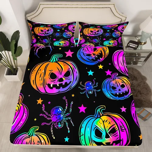 Miniatura 32 de Juego de ropa de cama de Halloween con patrón de sombras kawaii, sábana bajera tamaño queen, decoraciones de calabaza, luces de calabaza góticas
