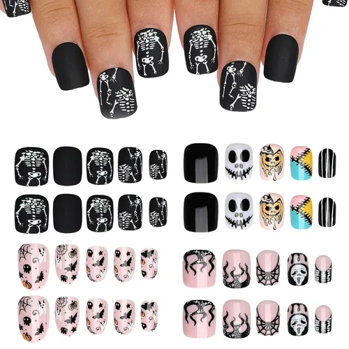 Artquee Uñas postizas a presión de Halloween, paquete de 4 96 piezas, puntas postizas ovaladas cuadradas cortas con diseños de fantasma, llama y