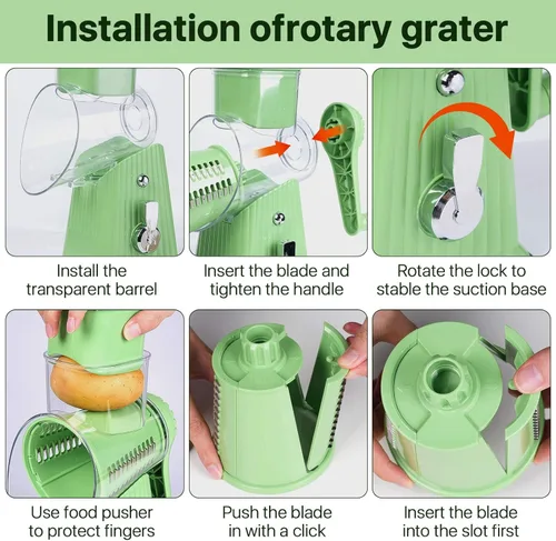 Miniatura 3 de Rallador rotativo de queso con 5 cuchillas, tubo grande para alimentos, empujador de alimentos de seguridad, base de succión fuerte, verde menta