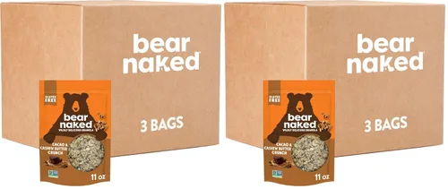 Bear Naked - Cereal de granola integral, snacks de desayuno, crujido de cacao y mantequilla de anacardo (3 bolsas) (Paquete de 2)