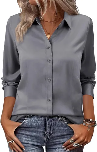 Miniatura 14 de siliteelon Camisas de vestir con botones para mujer, camisas de vestir de manga larga, algodón de corte clásico