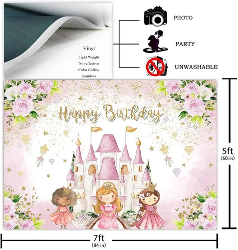 Miniatura 2 de Avezano Telón de fondo de cumpleaños de castillo de princesa, rosa, floral, decoración de fiesta de cumpleaños para niñas dulces, estrellas doradas