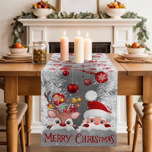 Miniatura 2 de Camino de mesa de Navidad con alce de Papá Noel gris de 120 pulgadas de largo, bufandas de vestir de granja, bolas de Navidad rojas, copo de nieve