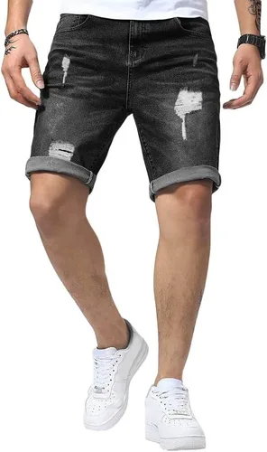 JMIERR Pantalones cortos de mezclilla para hombre, estilo casual, elásticos, ajustados, lavados, desgastados, enrollados, rasgados, para hombre