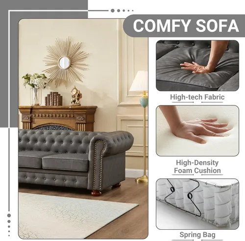 Miniatura 3 de Chesterfield - Sofá de cuero, sofá moderno de mediados de siglo de 89 pulgadas con respaldo bajo, brazo enrollable, ribete de cabeza de clavo, sofá