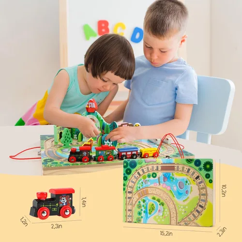 Miniatura 6 de Juego de tren de 18 piezas para niños pequeños, ferrocarril de mesa de madera para niños a partir de 3 años, juguetes de tren portátiles y duraderos