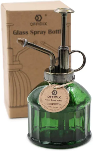 OFFIDIX - Botella rociadora de vidrio para plantas, 16 cm de alto, estilo vintage, con bomba superior de plástico color bronce, regadera de una mano