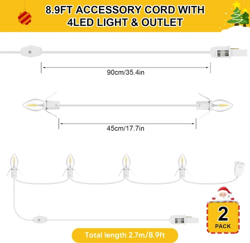 Miniatura 2 de Paquete de 2 cables de accesorios con 8 bombillas LED y toma de corriente, luz de pueblo navideño de 18 pies, cable de luz de molde inflado