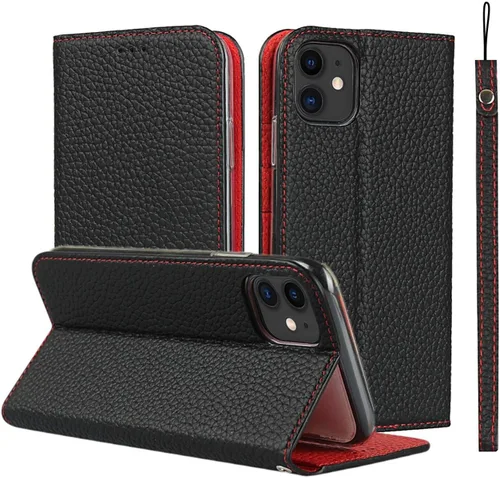 iCoverCase Funda tipo cartera de piel auténtica para iPhone 11 - Funda con tapa con correa para la muñeca, tarjetero y cierre magnético, función