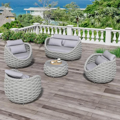 Miniatura 16 de Juego de muebles de patio de 4 piezas ensamblado, conjunto de sofá de conversación para exteriores de cuerda tejida a mano - Sofá de aluminio Cuerda