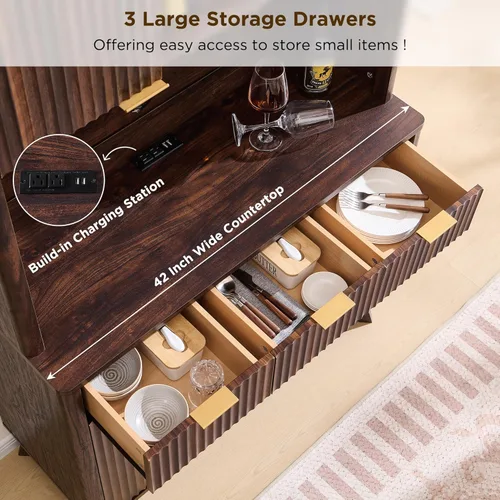 Miniatura 4 de OKD Gabinete de barra de café acanalado de 72 pulgadas de alto con amplio almacenamiento, aparador de buffet moderno con soporte para vidrio, Nogal