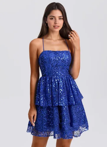 Miniatura 6 de YUAOHUANG Vestido de fiesta de lentejuelas con tirantes delgados 2025 vestidos de cóctel cortos escalonados para mujer