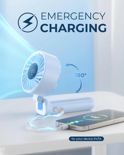 Miniatura 4 de Peiyuu Ventilador portátil, recargable de 4000 mAh, mini ventilador de escritorio plegable de 180° con 6 velocidades de viento, pantalla digital