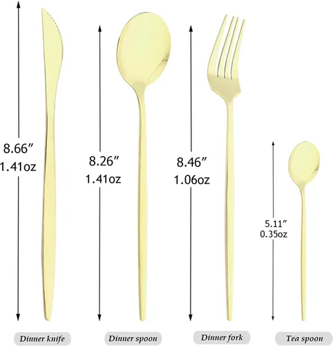 Miniatura 7 de Juego de cubiertos de acero inoxidable 18/0 con espejo, 24 piezas, incluye cuchillo, tenedor, cuchara, cucharadita, cubiertos para el hogar, Dorado