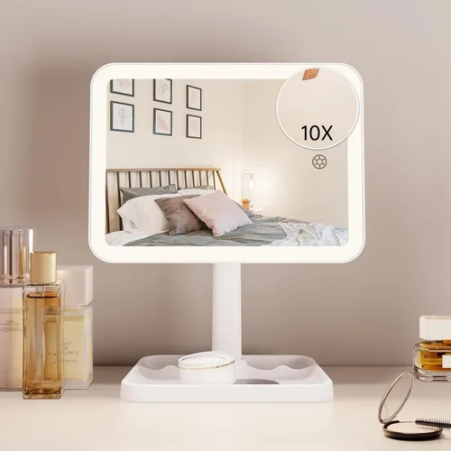 Miniatura 10 de FUNTOUCH Espejo de tocador de maquillaje recargable con luces, espejo de escritorio grande iluminado con 96 luces LED y aumento de 10x, iluminación