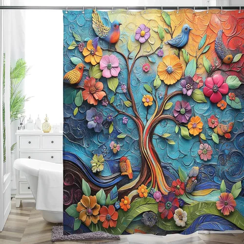 Miniatura 19 de Cortina de ducha bohemia, tela de poliéster repelente al agua con estampado floral bohemio para decoración de baño, 72 x 72 pulgadas