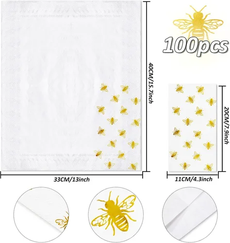 Miniatura 2 de Whaline 100 servilletas de papel desechables de abejorros de papel de abejorros de papel desechables de primavera y verano para cocina, baño, boda