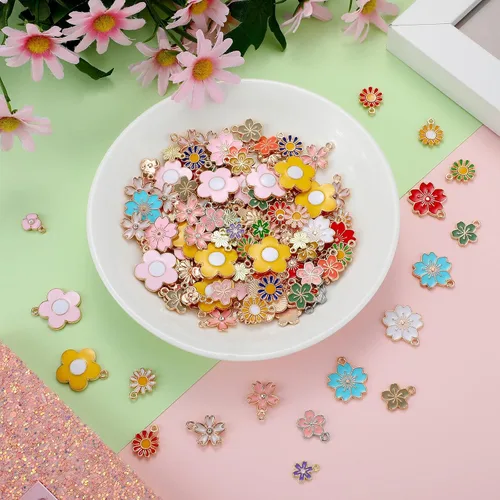 Miniatura 2 de Kigeli 120 dijes de flores para hacer joyas, varios metales mezclados con flores de primavera, flores de cerezo, colgantes de pulsera, colgantes