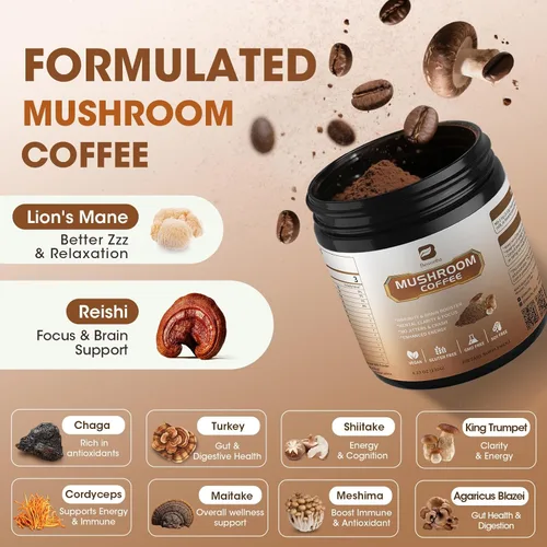 Miniatura 2 de 2Pack Café de Hongos - Polvo de Hongos Melena de León Arabica Café Instantáneo con Melena de León, Reishi, Chaga, Cordyceps y Cola de Pavo