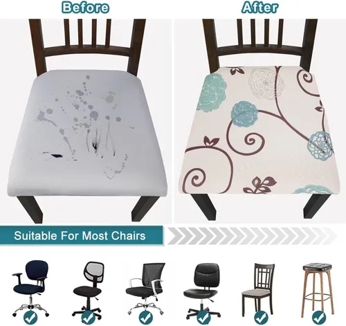Miniatura 4 de SearchI Juego de 2 fundas de asiento para sillas de comedor, fundas de asiento elásticas con estampado, extraíbles y lavables, fundas de cojín