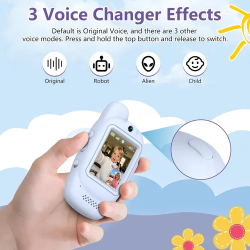 Miniatura 5 de Walkie Talkies de video para niños, paquete de 2 walkie talkies de video recargables, cámara HD, cambiador de voz, para diversión familiar, Azul
