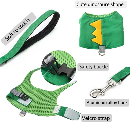 Miniatura 3 de Juego de arnés y correa para perro con forma de dinosaurio, arnés de chaleco verde con cuerda para caminar, chaleco cómodo sin tirones para mascotas