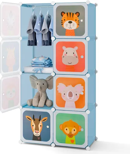 HONEY JOY Armario para niños, organizador de almacenamiento de ropa de dibujos animados para bebés, 8 cubos y 2 secciones para colgar, armario Azul