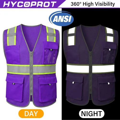 Miniatura 4 de HYCOPROT Chaleco de seguridad de alta visibilidad, chaleco de seguridad reflectante de alta visibilidad con bolsillos, cumple con las normas Púrpura