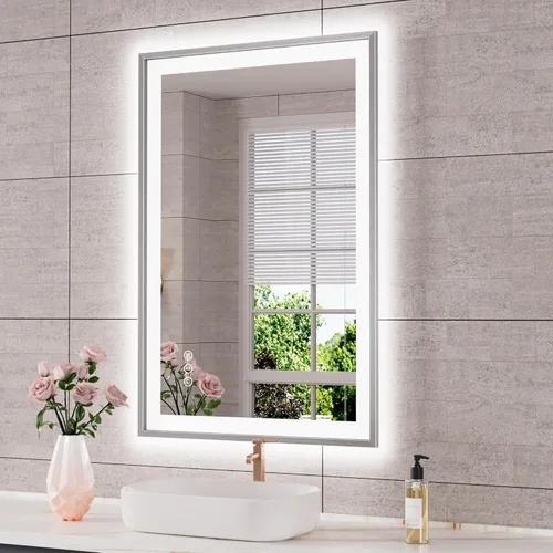 Miniatura 61 de Espejo de baño LED de 60x36 pulgadas con marco negro, espejos de baño retroiluminados y con luz frontal para pared, antiempañamiento, regulable