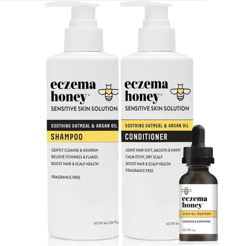 ECZEMA HONEY Kit de cuero cabelludo – Champú natural anticaspa, acondicionador y aceite de cuero cabelludo para escamas – Aceite de argán y aceite