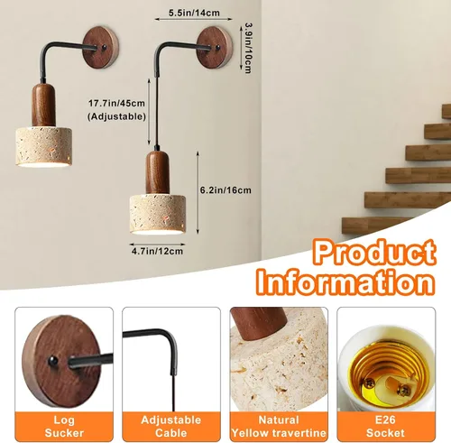 Miniatura 2 de Juego de 2 lámparas de pared de piedra de altura ajustable, aplique de pared de travertino E26, lámpara de pared para dormitorio, sala de estar