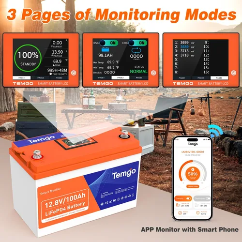 Miniatura 3 de TEMGO Batería de litio LiFePO4 de 12 V/100 Ah con corte de baja temperatura, pantalla inteligente táctil y monitoreo por APP, BMS de 100 A