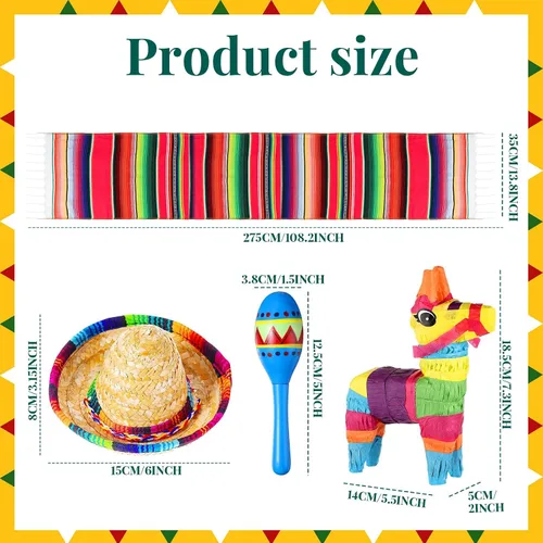 Miniatura 3 de Libima 26 decoraciones de fiesta mexicanas incluyen 6 burros, 12 maracas grandes para fiestas, 2 caminos de mesa de serape, 6 sombreros