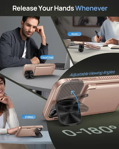 Miniatura 4 de Funda para iPhone 16e con Tarjetero y Cubierta de Lente de Cámara con Soporte, Protección contra Caídas de Grado Militar a Prueba de Golpes Oro rosa
