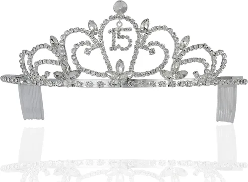 Quinceanera Sweet 15 Fifteen Corona de cristal de diamantes de imitación austriacos blanco transparente con peines para el cabello, diadema diadema