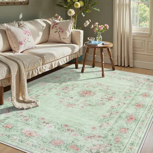 Miniatura 35 de Wonnitar Alfombras rosas para dormitorio, niñas, guardería, alfombra lavable con estampado floral de 5 x 7 pies, bohemio, ultrafina, antideslizante