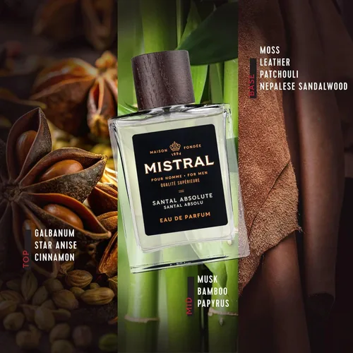 Miniatura 4 de Mistral Colonia para hombre – Santal Absolute Eau de Parfum Aroma masculino cálido y amaderado con canela, almizcle, pachulí y sándalo Colonia