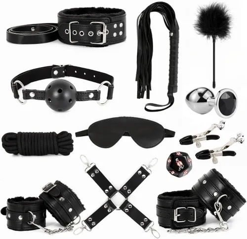 Kits de Restricciones de Bondage Sexual Juguetes BDSM 12 Piezas Esposas Grilletes de Tobillo Tapón Anal Pinzas para Pezones Mordaza de Bola Venda