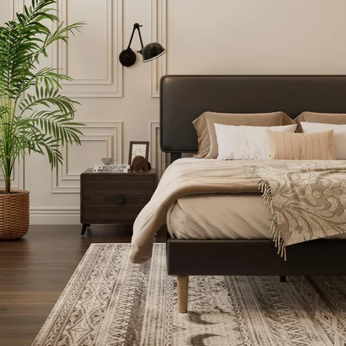 Miniatura 3 de HAOARA Marco de Cama con Plataforma Tapizada de Tamaño Completo, Cabecera Ajustable de Cuero PU, No Necesita Somier, Soporte de Listones de Madera